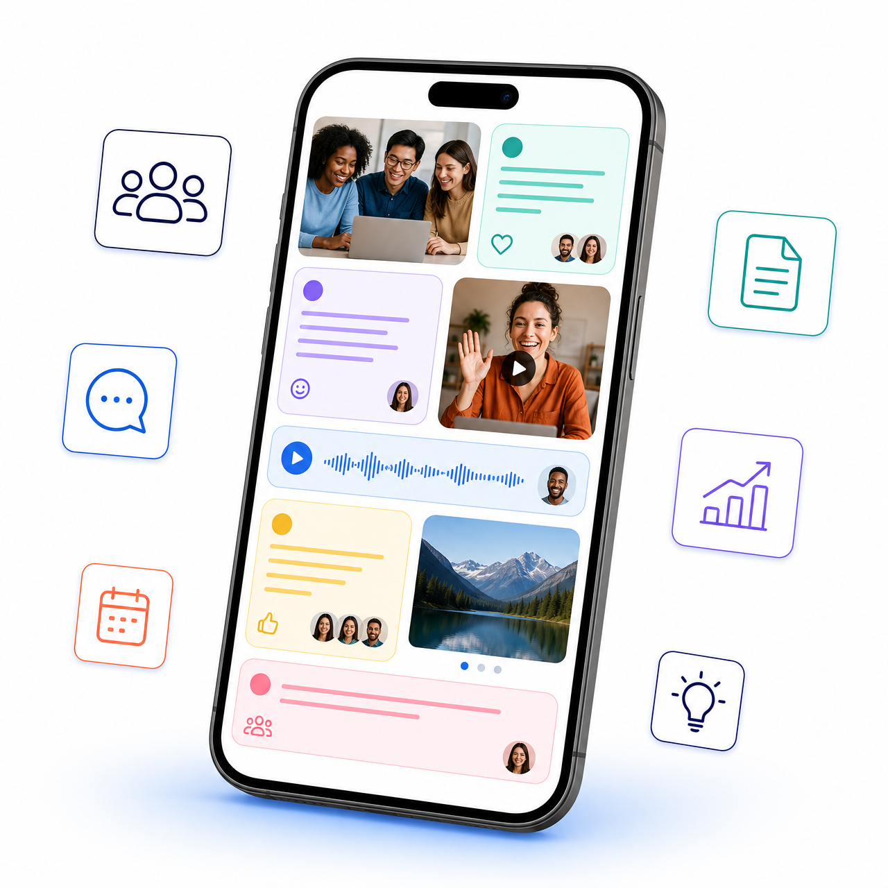 MomentPanel app on a phone showing shared pages for welcomes, celebrations, updates and voice notes