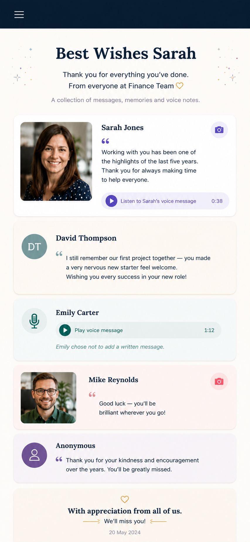 A welcome MomentPanel for a new employee on a phone — a heading welcoming the new starter, followed by contributions from the CEO, manager, HR, payroll and IT with photos, messages and voice notes.
