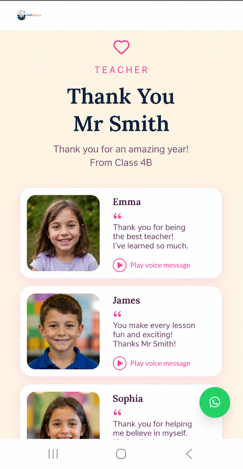 A Class Thank-You MomentPanel on a phone: heading 'Thank You Mr Smith — From Class 4B', followed by contributions from individual children, each with a photo, a personal thank-you message and a 'Play voice message' button.